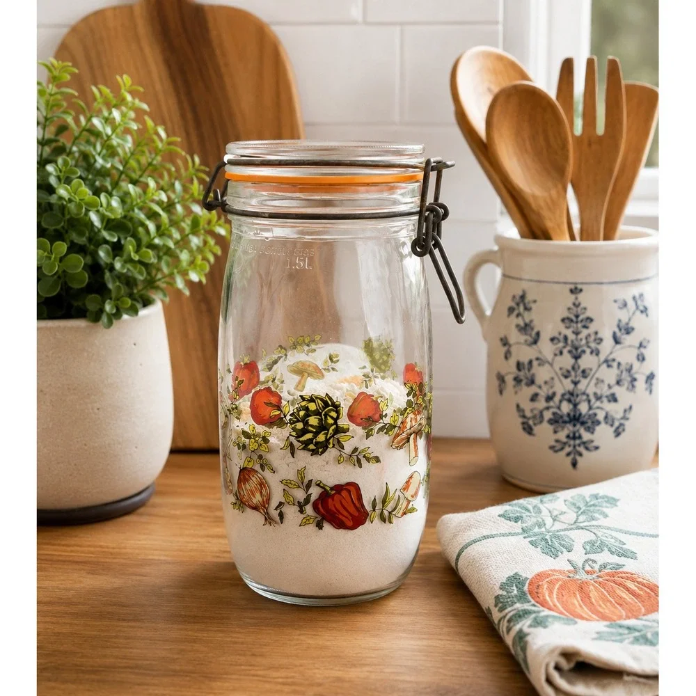 Vtg Made in France Glass Canister Vegetable Mushroom Lid Storage Jar